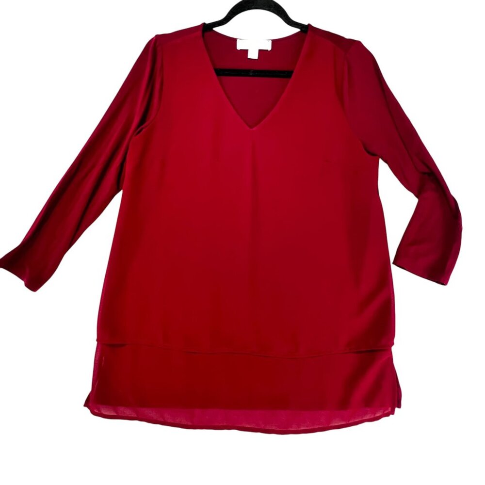 Michael Kors Womens Deep Red V-Neck Tunic Top Sheer Hem Layering Detail Size S